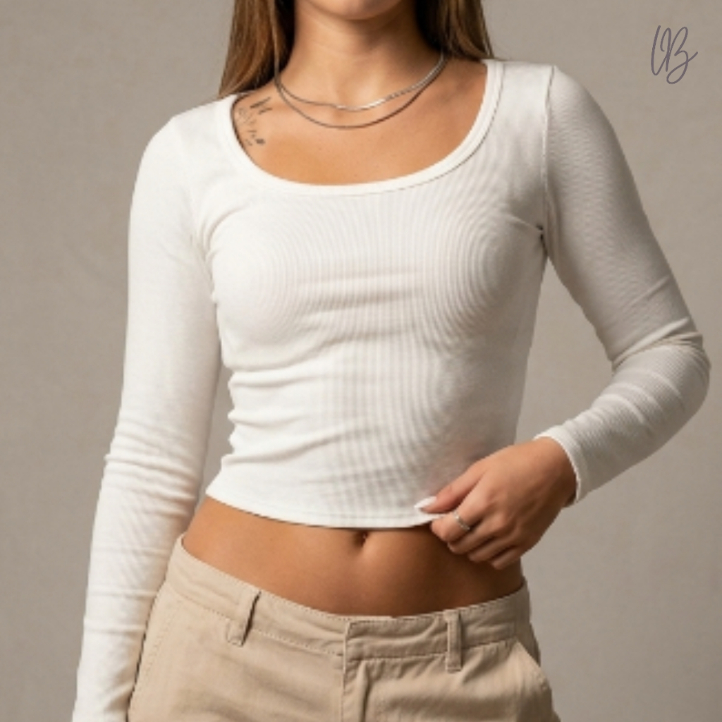 Blusa Cropped Feminina Manga Longa Canelada Decote Básico Confortável Estilosa