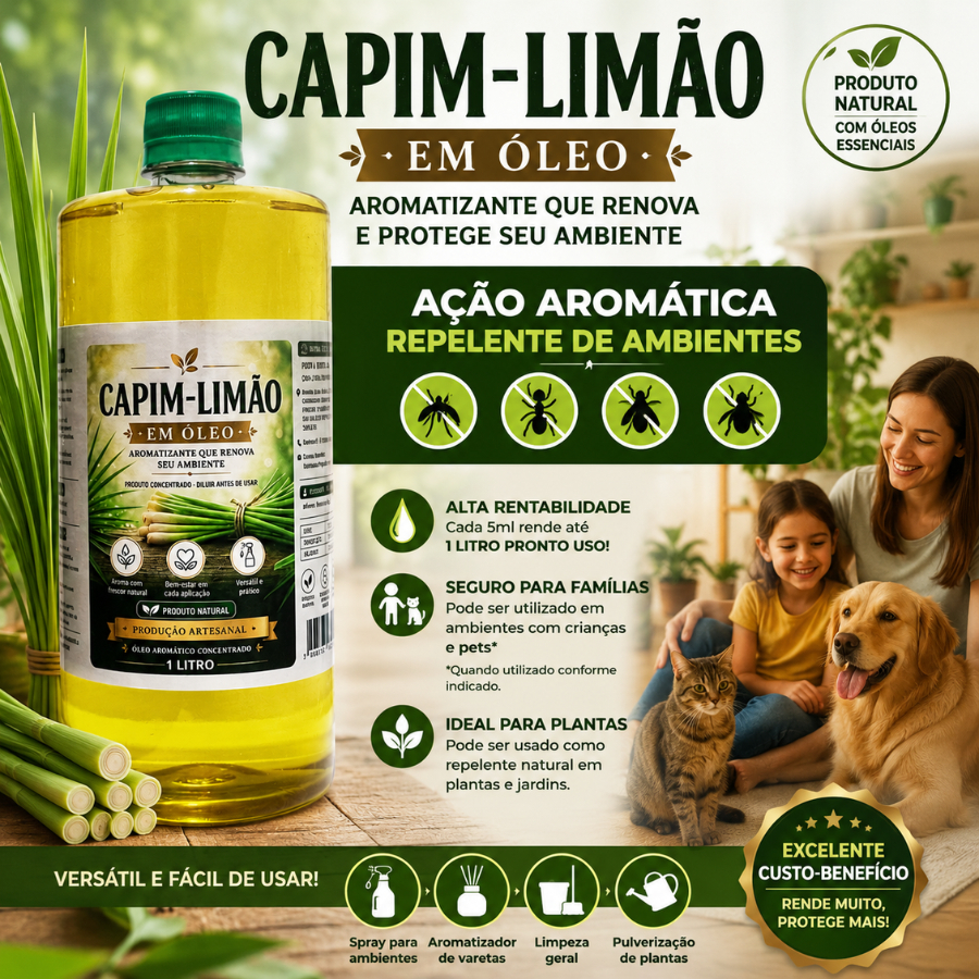 Óleo de Capim-Limão Concentrado cada 5ml faz 1 Litro de Aromatizante Repelente de Ambiente