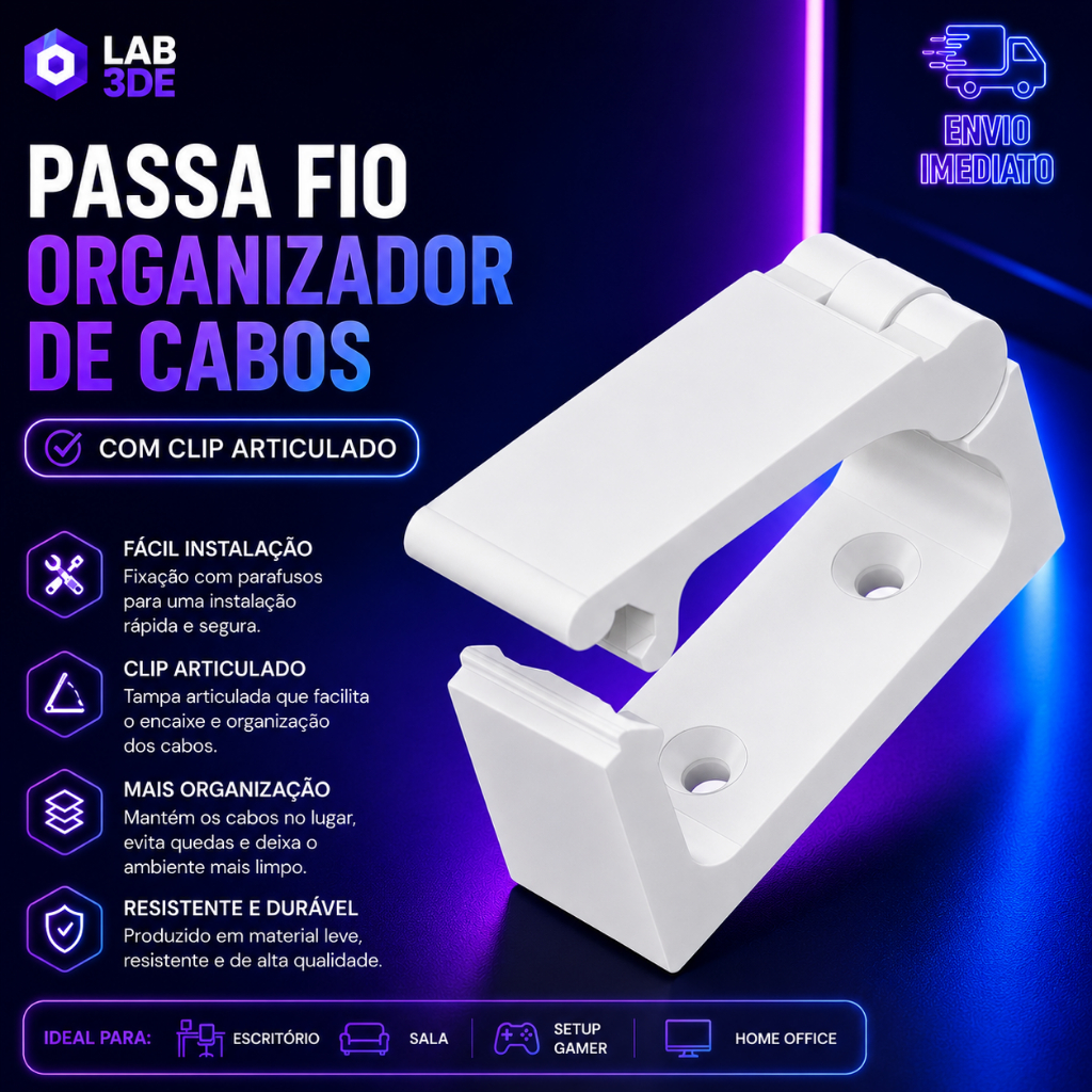 Passa fio Organizador de Cabos com Clip Articulado | Escritório, Sala e Setup Gamer