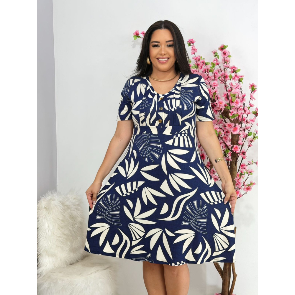 Vestido Feminino Plus Size 2369 Viscolycra Estampado Floral e Geométrico com Botões Frontais Casual Elegante Confortável