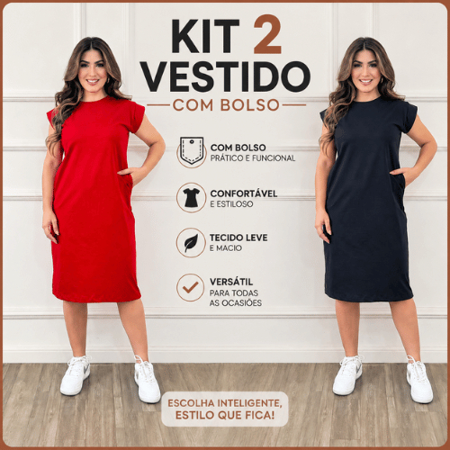 Kit 2 ou 1 Vestido Muscle Tee Com Bolso 100% Algodão Premium Manga Curta Para o Dia a Dia