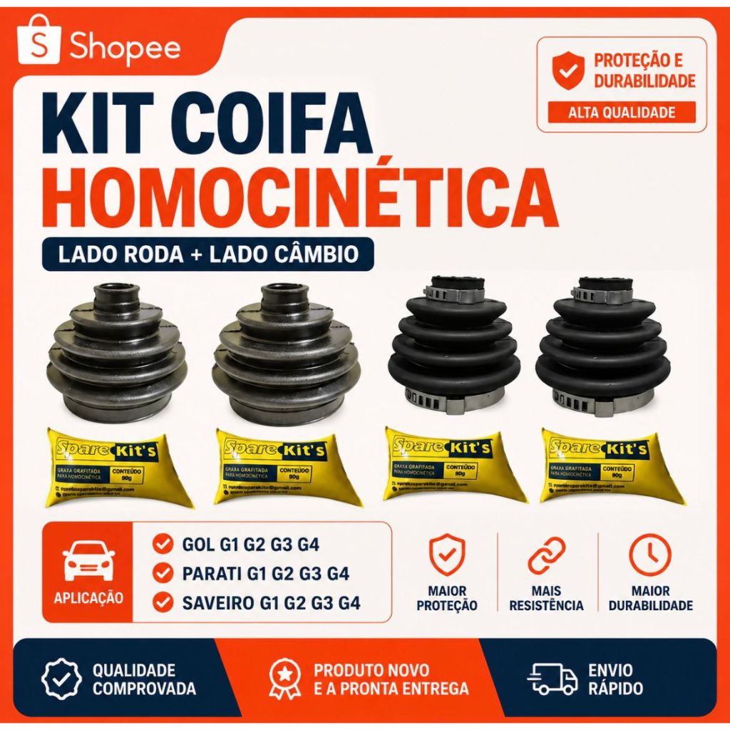 Kit Coifa Homocinética Completo Gol Parati Saveiro G1 G2 G3 G4 Roda e Câmbio + Graxa + Abraçadeiras