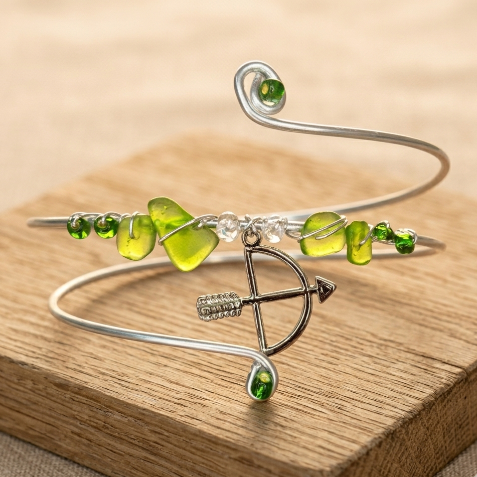 Bracelete de Braço Arco e Flecha Verde - Arm Cuff Ajustável Oxóssi Prateado
