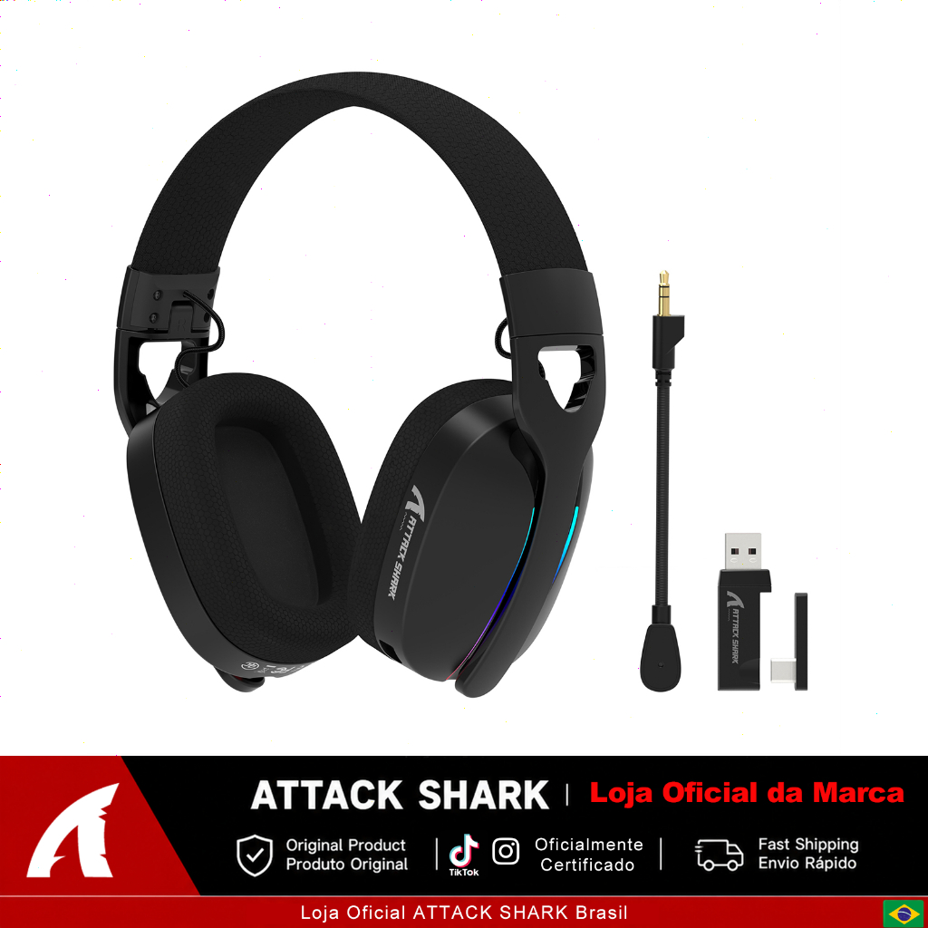 ATTACK SHARK L90 Headset Gamer Sem Fio, RGB, Dobrável, Tri-Mode, Microfone, 7.1 Surround