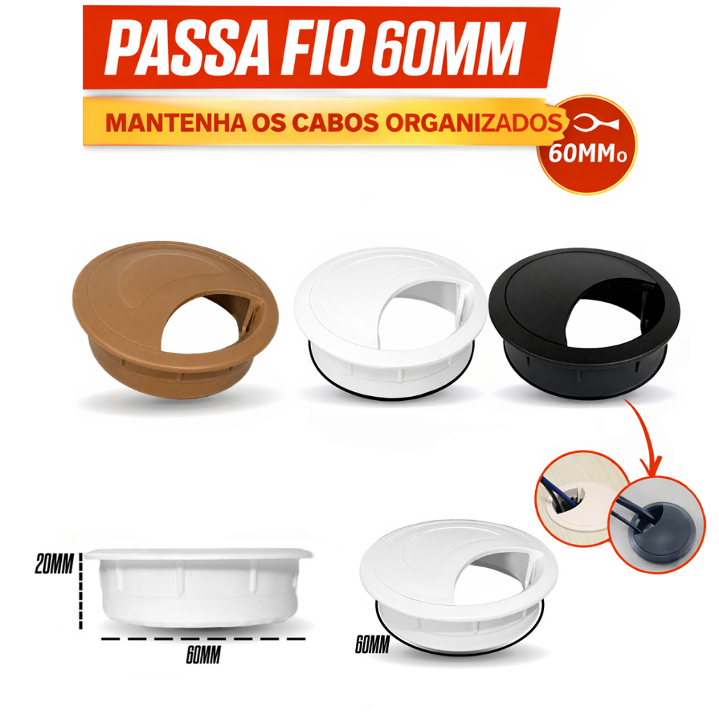 Kit 5/10/20/40 Unidade Passa Fio Cabo Branco 60mm Acabamento Mesa Escritorio Computador