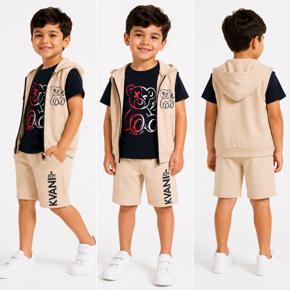 Conjunto Estiloso 3 Peças Colete com Capuz + Blusa + Bermuda de Verão Masculino Infantil Confortável