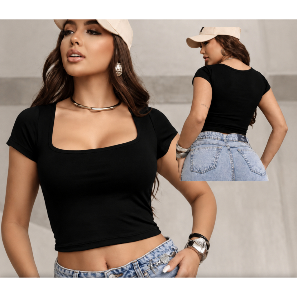 Cropped Feminino Gola Quadrada Manga Curta Tecido Grosso Basico Suplex