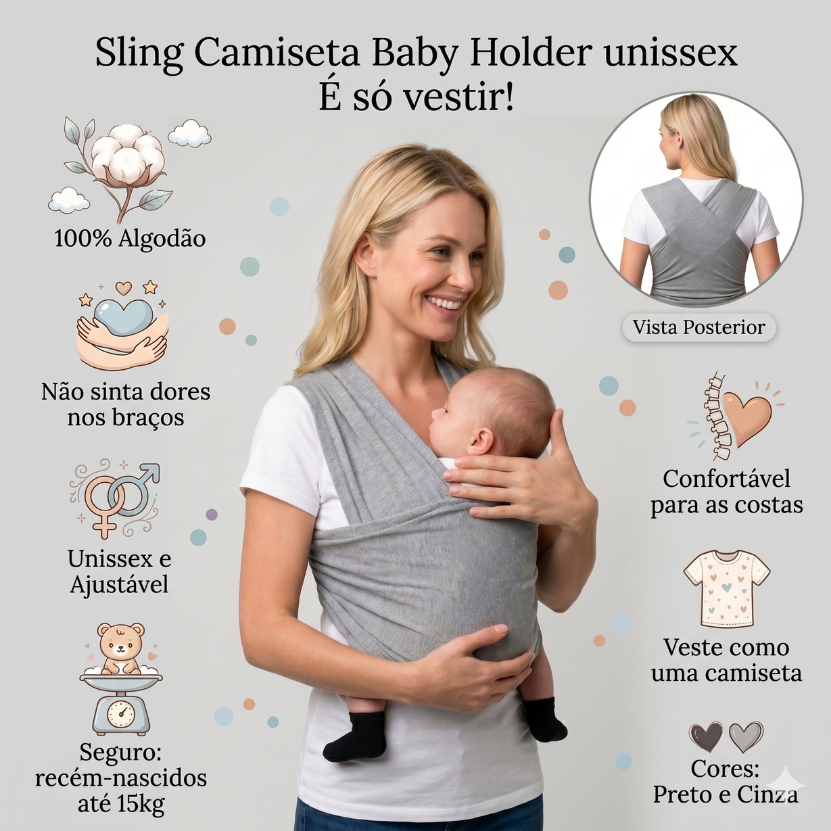 Sling Bebê Camiseta Regulável amarração pronta. Canguru Tamanho único unissex