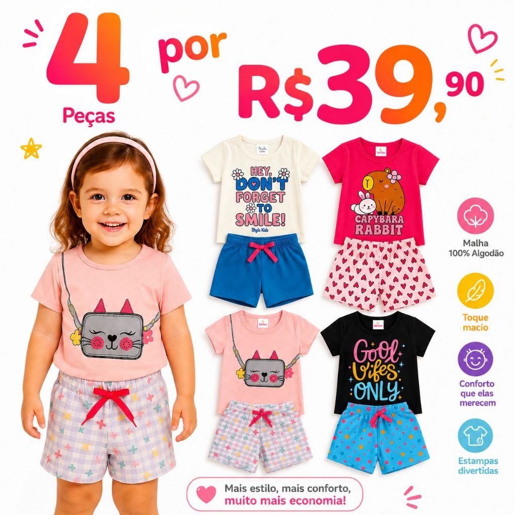 Kit 4 peças infantil Menina Roupa Verão Conjunto Sortido Estampado Camiseta e Shorts Algodão