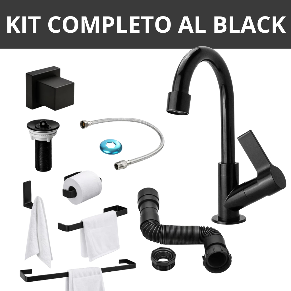 Kit Banheiro Preto Fosco Completo | Torneira Luxo + Sifão + Válvula + Engate Flexível