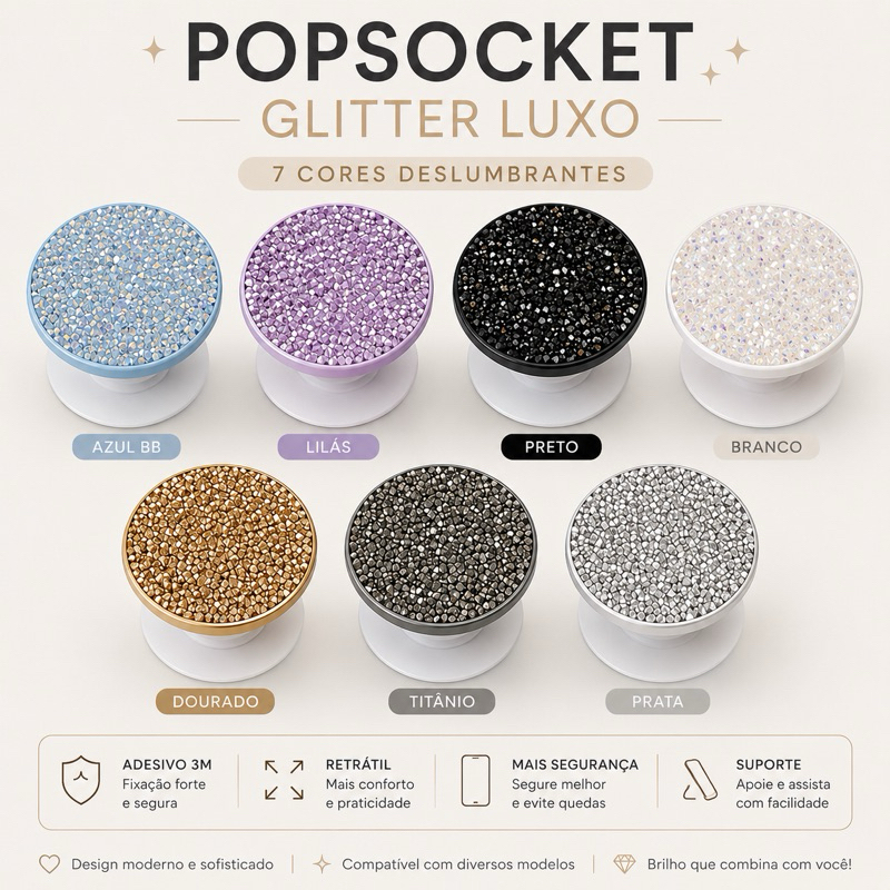Popsocket Glitter Luxo 3M Para Celular | Suporte Adesivo Universal Retrátil
