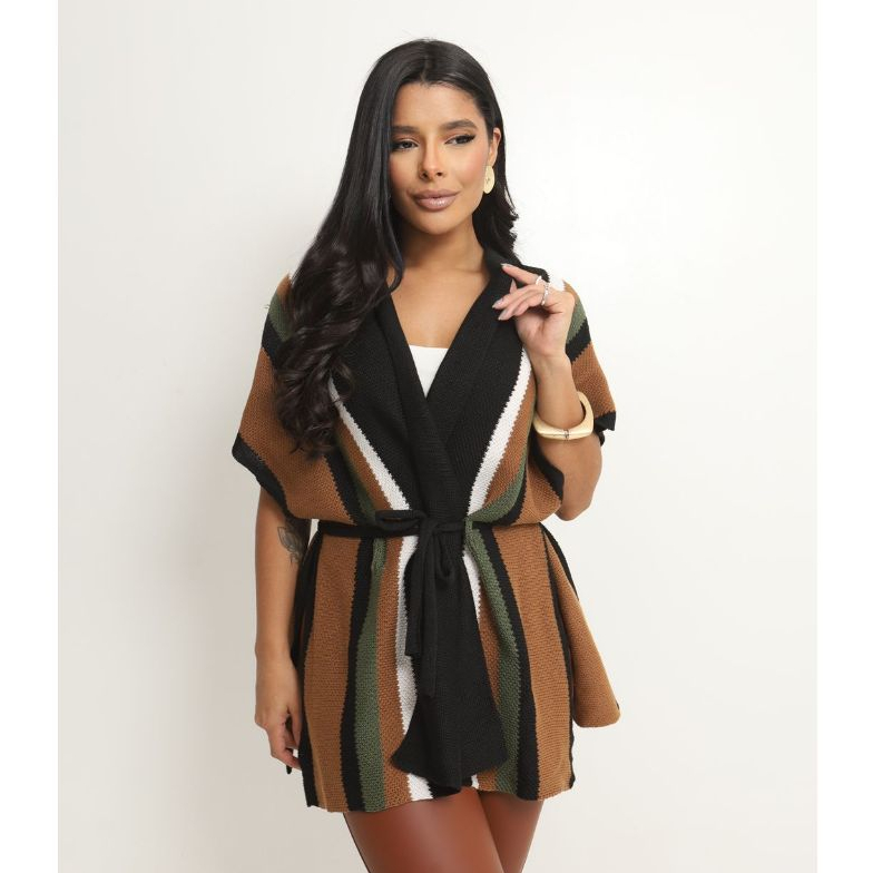Xale Capa Poncho Blusa Feminina elegante com cinto Trico Manga Longa Inverno estilosa Listrada