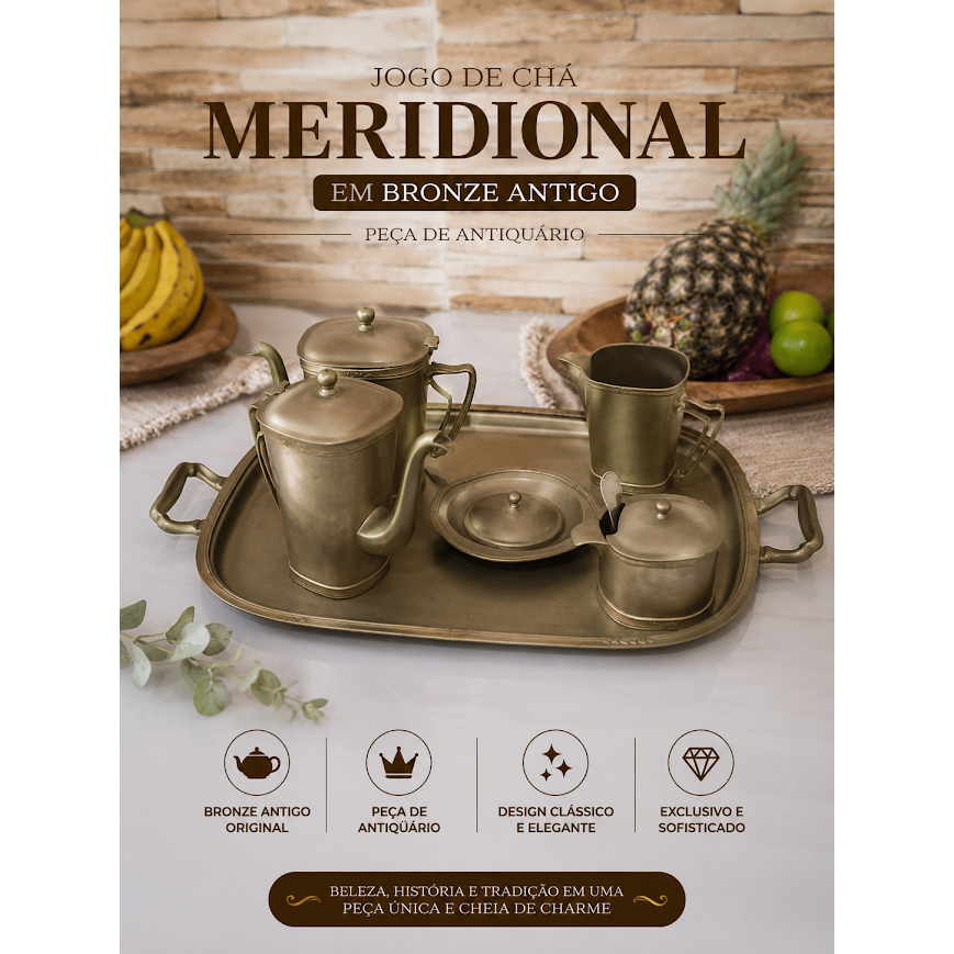 Jogo de Chá Meridional Bronze Antigo Completo Antiquário Vintage Decorativo