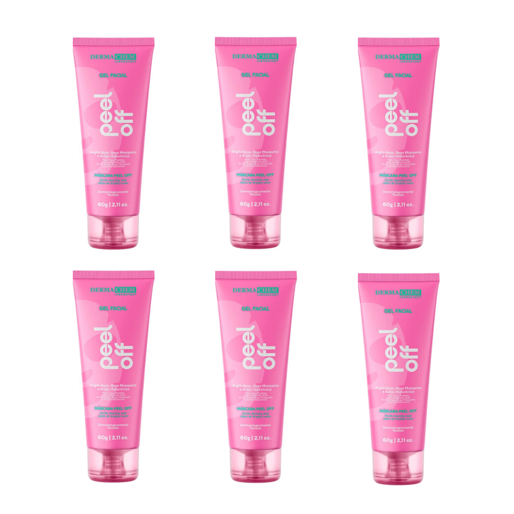 Kit C/ 6 Gel PEEL OFF Facial Rosa Mosqueta E Argila Rosa Dermachem 60g