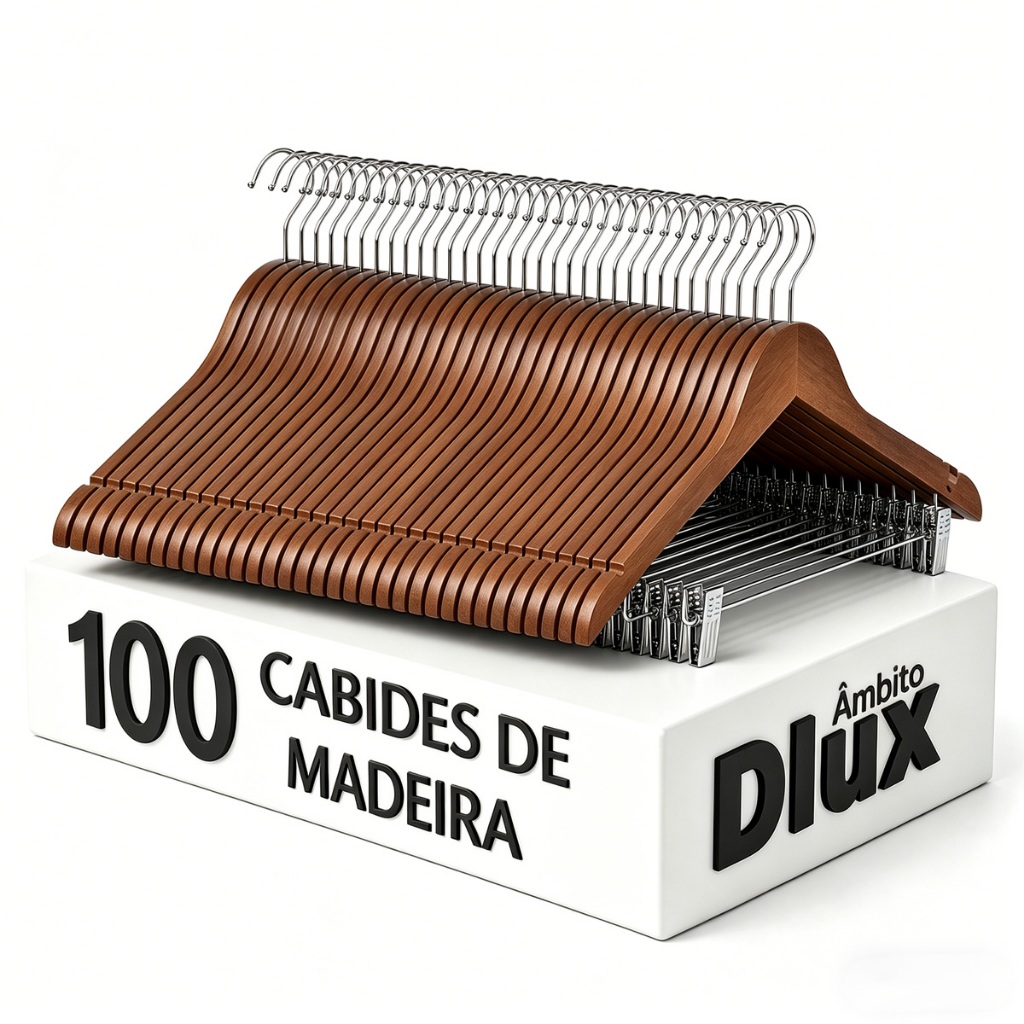 Ambito Dlux Kit 100 Cabide Madeira Maciça Presilhas Premium Envernizados Reforçados Adulto Cabide Organizador Loja
