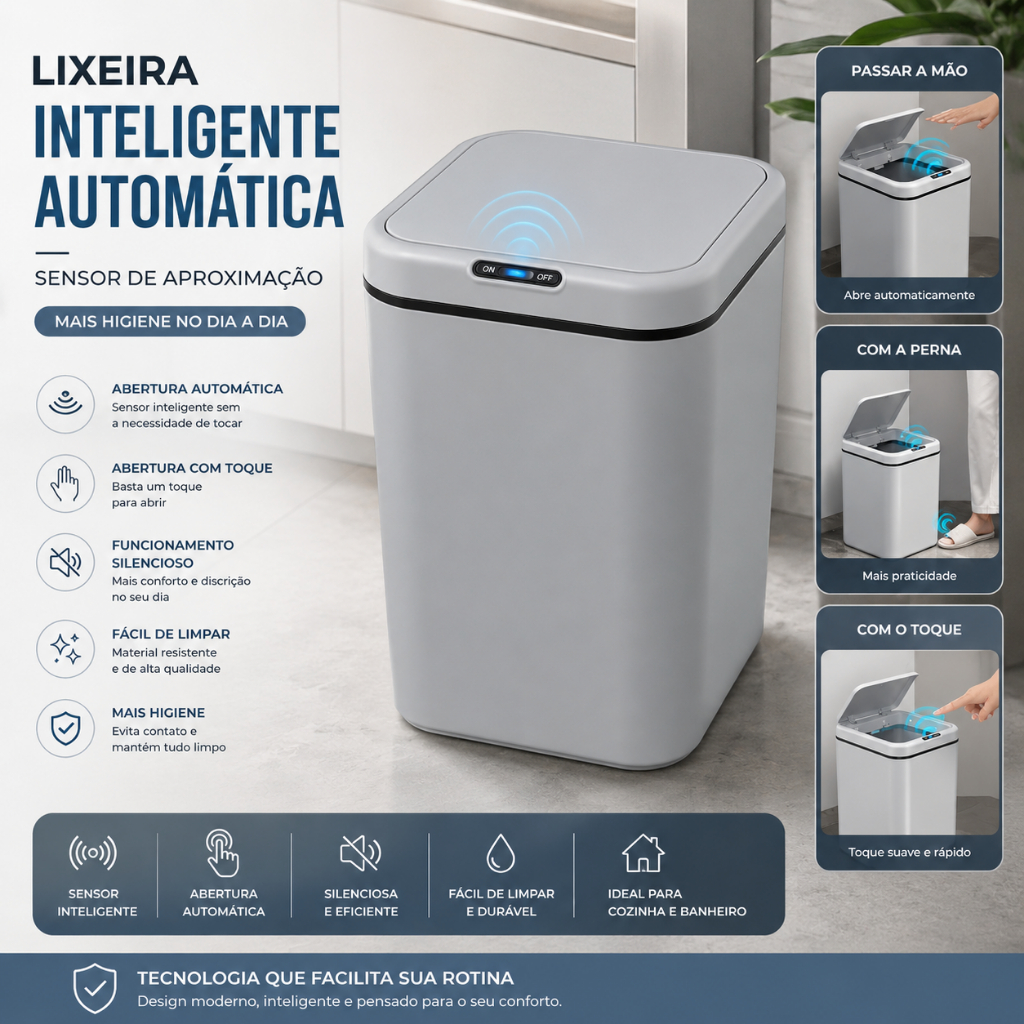 Lixeira Automática Inteligente 17 Litros Anti Odor Sensor Banheiro Cozinha Casa Escritorio