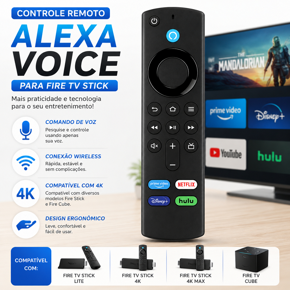 Controle Remoto Para Fire TV Stick 4K Compatível Com Alexa Comando De Voz Wireless Smart TV Fire Cube Vários Modelos
