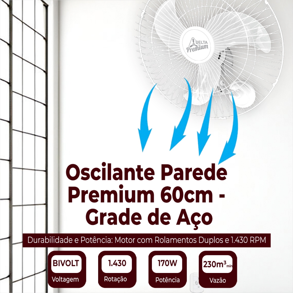 Ventilador De Parede 60cm Ventilador Oscilante 3 pás Ventilador 3 Velocidades Venti-Delta Bivolt · foto 2