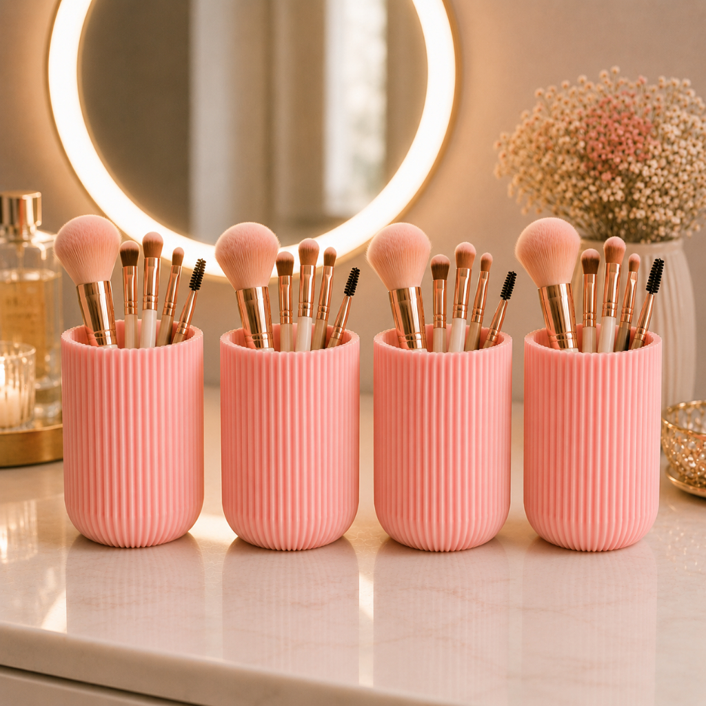Kit Porta Pinceis Organizador Canelado Escova de Dente Caneta Pote Multiuso Rosa