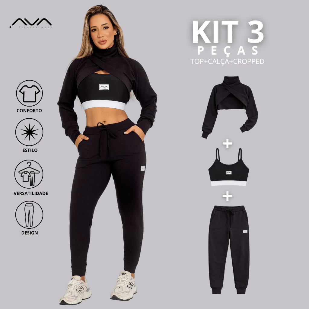 Conjunto Inverno Moletinho Kit 3 Peças Cropedd Manga+Top+Calça Jogger Academia Comfy AVA Fitness — imagem 1