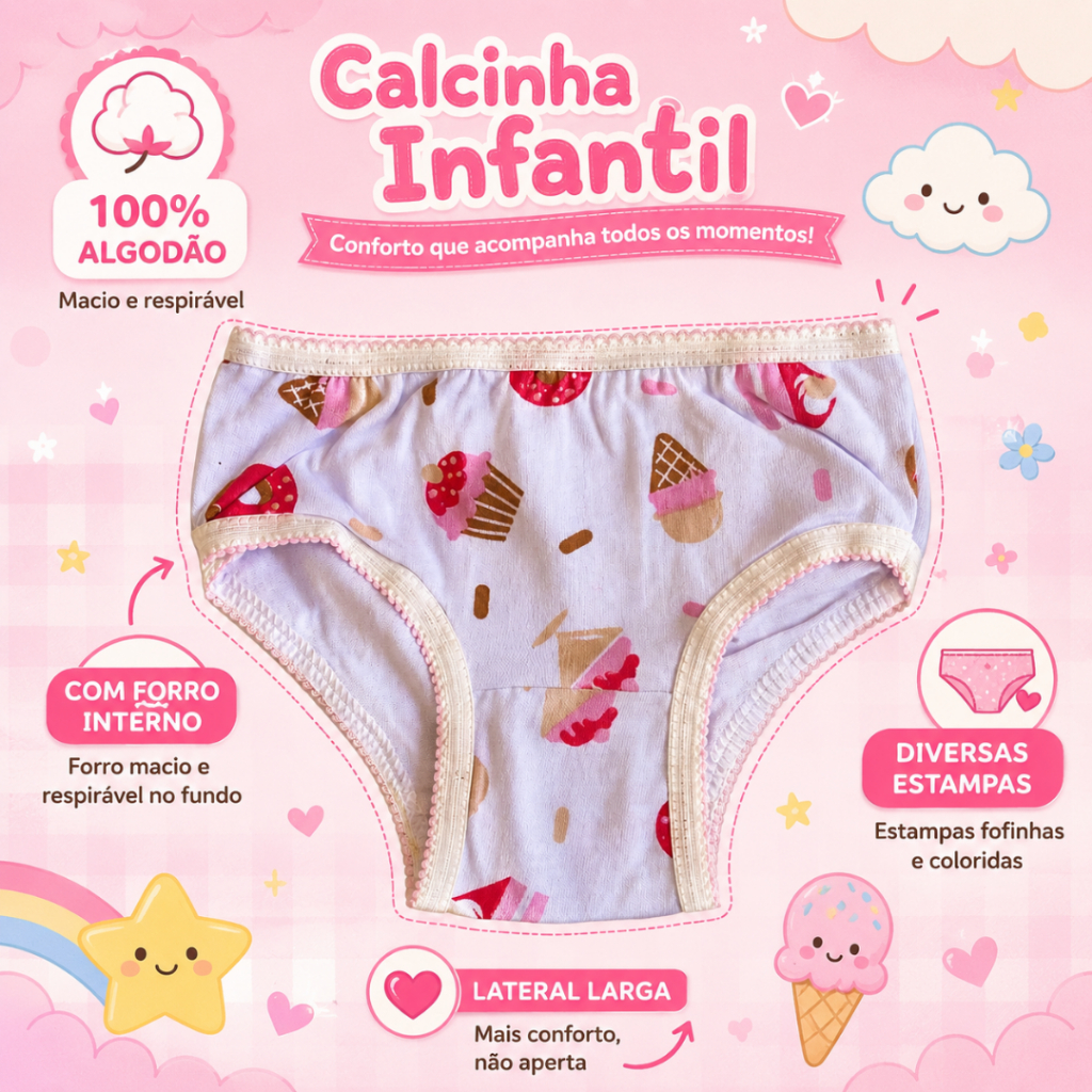 Kit 4, 8, 12 ou 16 Calcinhas Infantil Menina Bebe em 100% algodão estampadas Envio Rápido