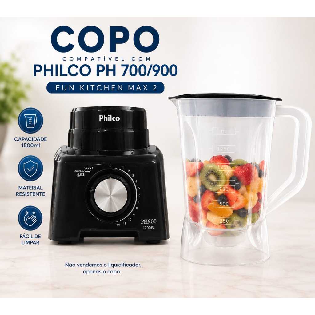 Copo Para Liquidificador Compatível com Philco Ph 700 /900 /Fun Kitchren Max 2 Preto Translucido (9251)