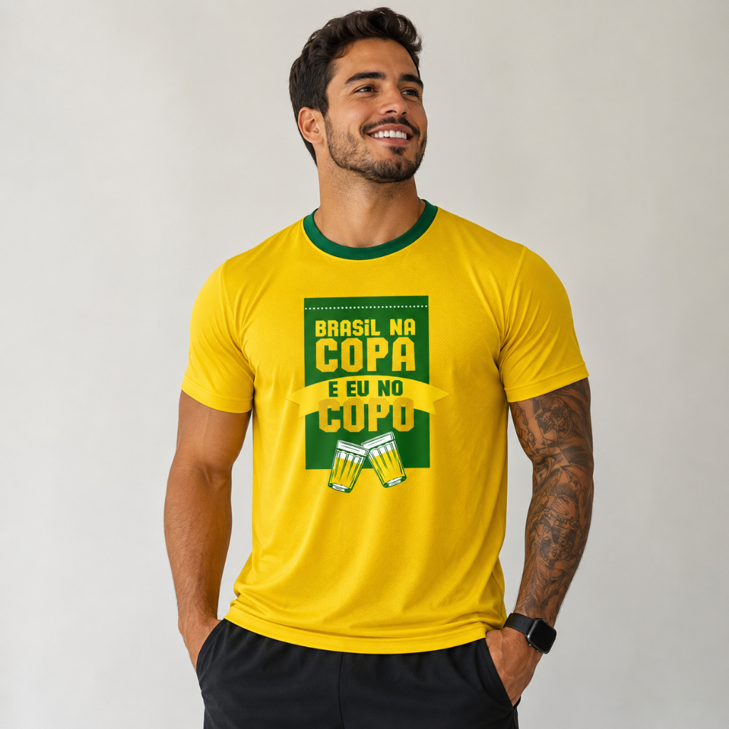 Camiseta Brasil Na Copa E Eu No Copo Dry Fit Masculina Copa Futebol Torcedor Tendência Camisa Jogo