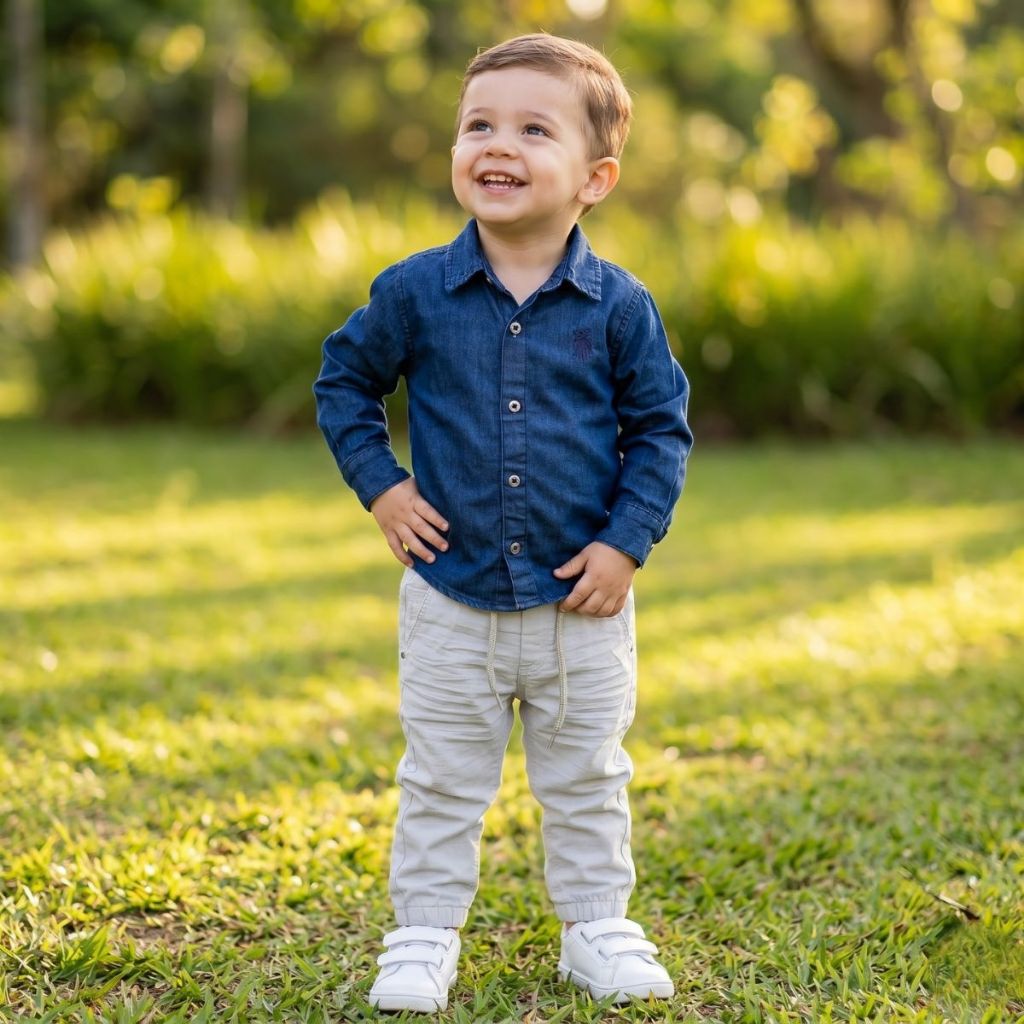 kit calça sarja com lycra e camisa jeans e ajuste por cordão Tam. 1,2,3 anos pronta entrega.