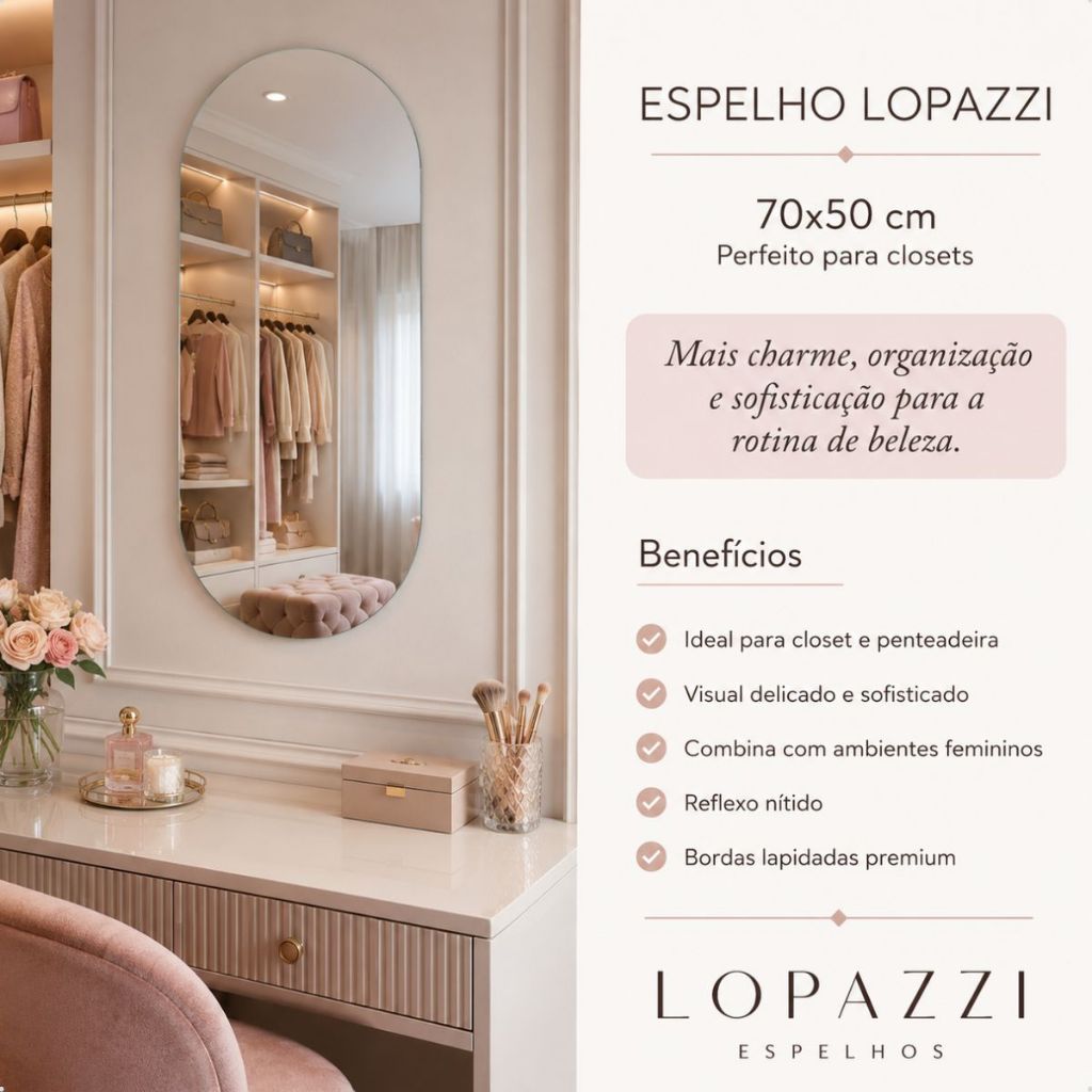 Espelho Lopazzi Oval 70x50 Closet Quarto Feminino Decorativo Acabamento Premium Quarto Maquiagem · foto 2