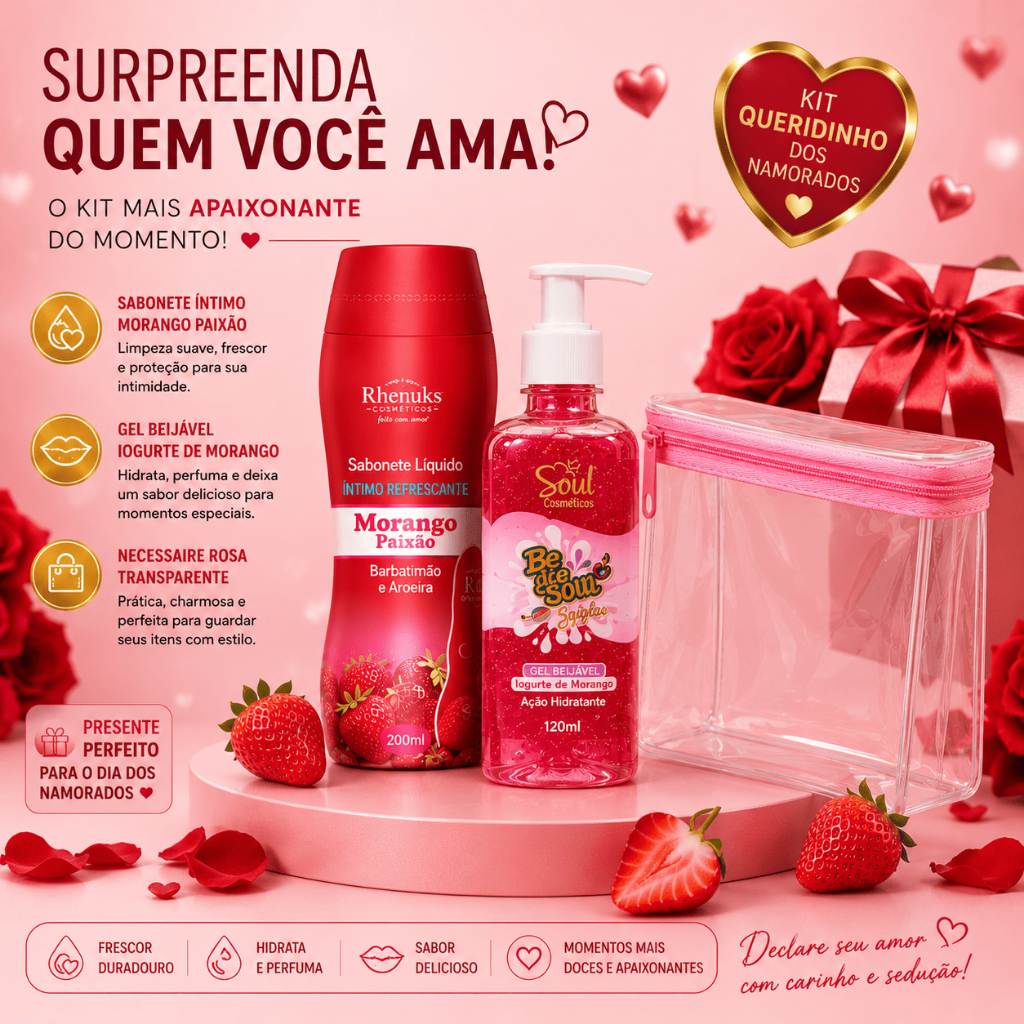 Kit Presenteável dia dos Namorados Sabonete Intimo Morango + Gel Hidratante Beijável + Necessaire