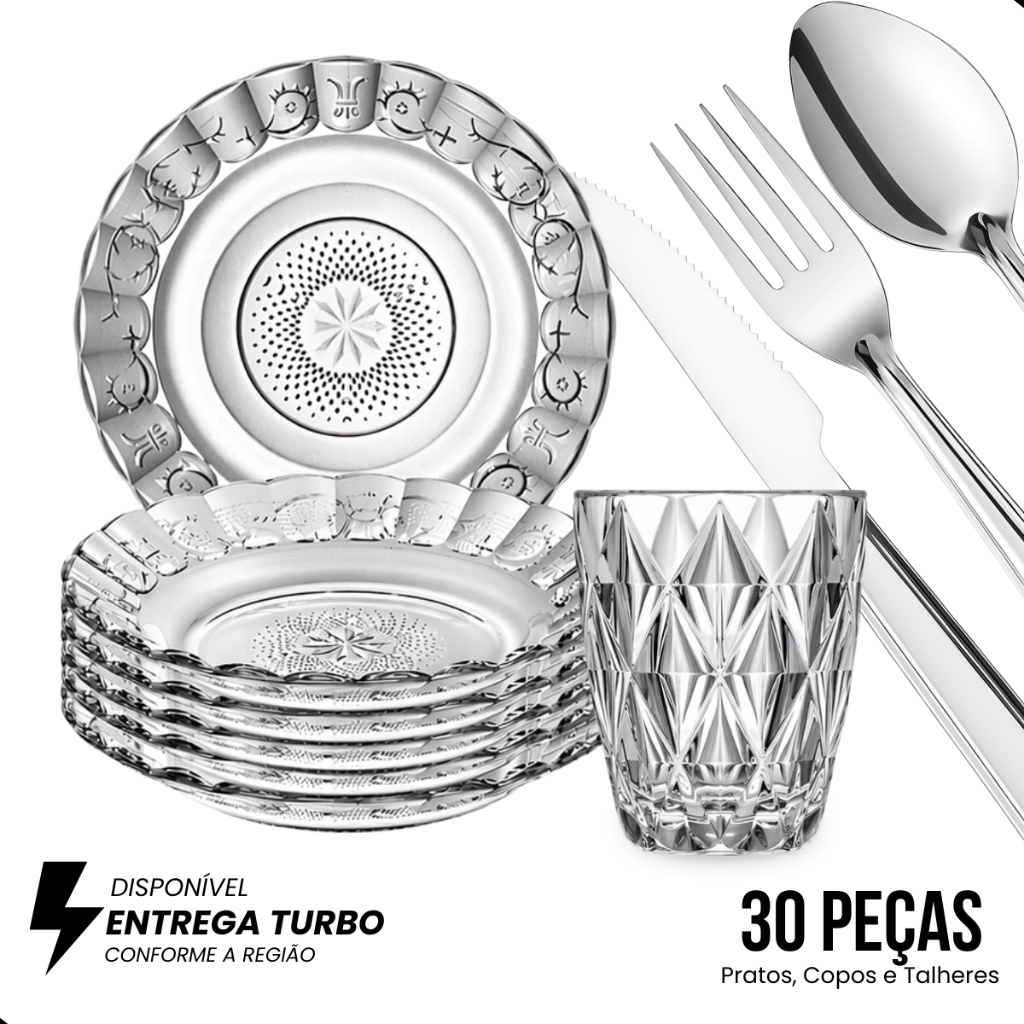 Kit Jantar 30 Peças Pratos Estrela Copos Diamond 300ml Talheres Inox Completo Elegante Luxo
