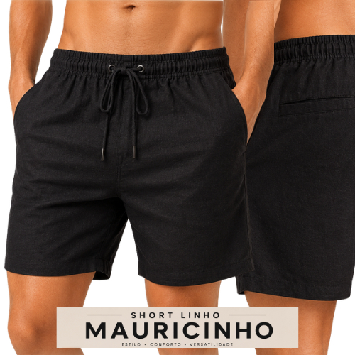 Short Linho Masculino Com Bolsos e Elástico Bermuda Linho Preto Masculino Linho Cordão Elástico