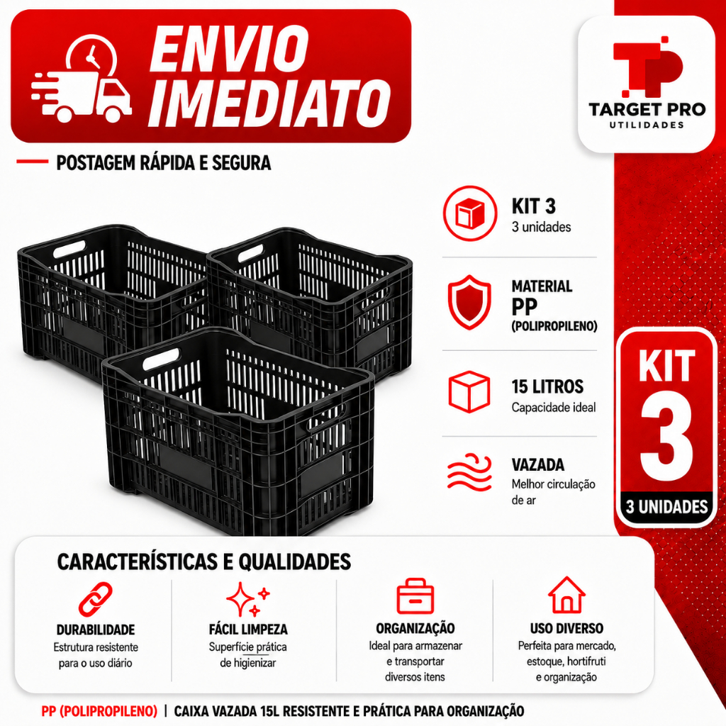 03 Caixas Hortifruti Agrícola Feria Plástica Reforçada