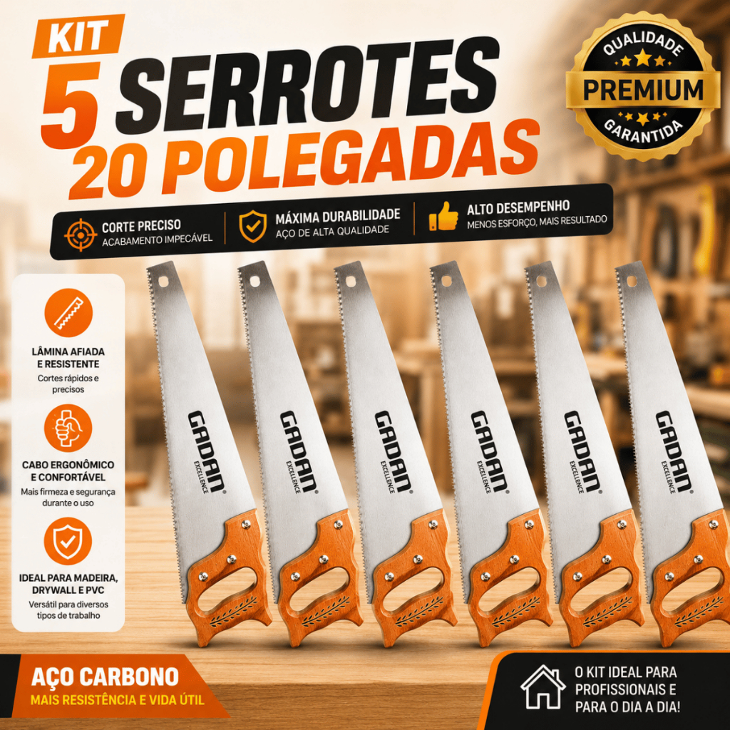 Kit 5 Serrotes Madeira Lâmina Aço Profissional Construção Marcenaria Obra Durável Resistente Atacado