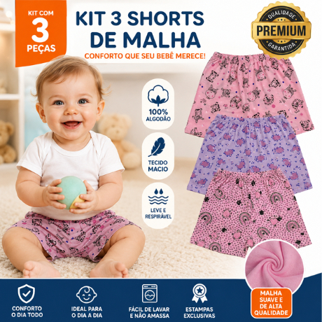 Kit com 3 Short de Malha Premium Estampado Infantil Bebê 100% Algodão