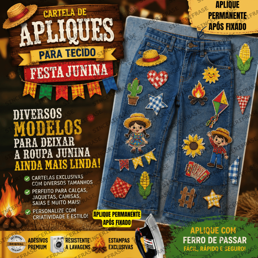 Aplique São João Para Roupa Adesivo Para Calça Festa Junina Remendo Patch Retalho Termocolante Adulto e Infantil