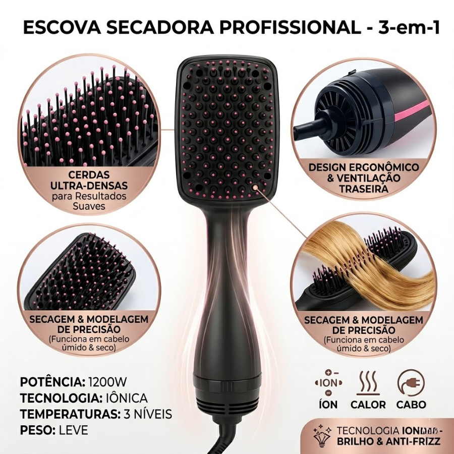 3 em 1 Escova para secador de cabelo Escova de ar quente de íon negativo anti frizz Alisador De Cabelos Lisos 110v
