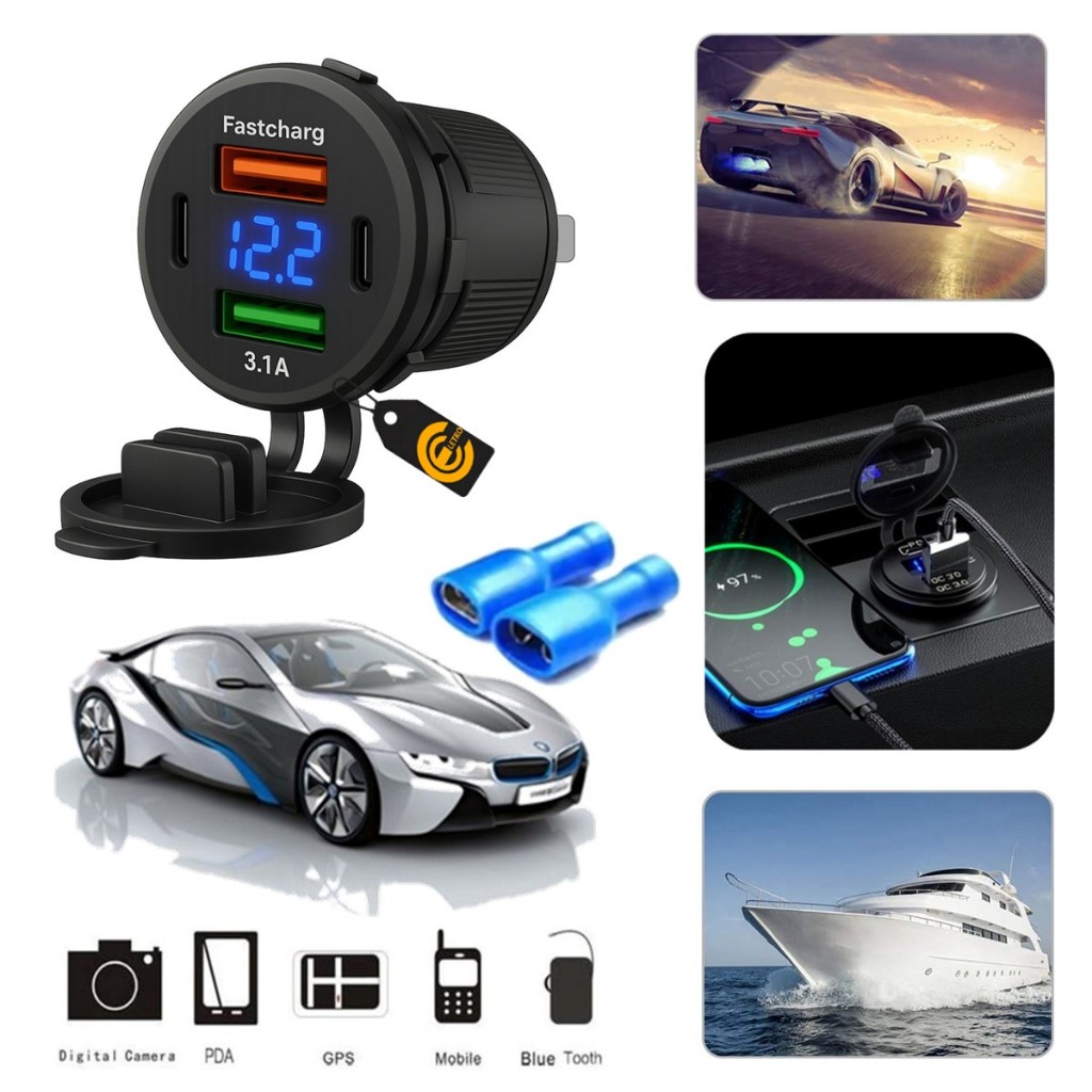 Tomada Carregador Usb Veicular  12V 4 IN 1 Dual USB 3.1A (15.5W,5V/3.1A) Dual Tipo C 6818 4 Entradas