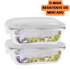 Kit 2 Potes de Vidro Hermético Marmita Tampa Plastico 640ml 4 Travas Freezer Microondas Potinho