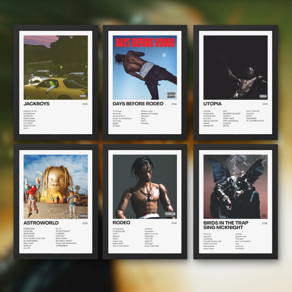 Quadro Decorativo Placas Travis Scott Com Moldura Discografia Album em MDF 30x20cm Full HD