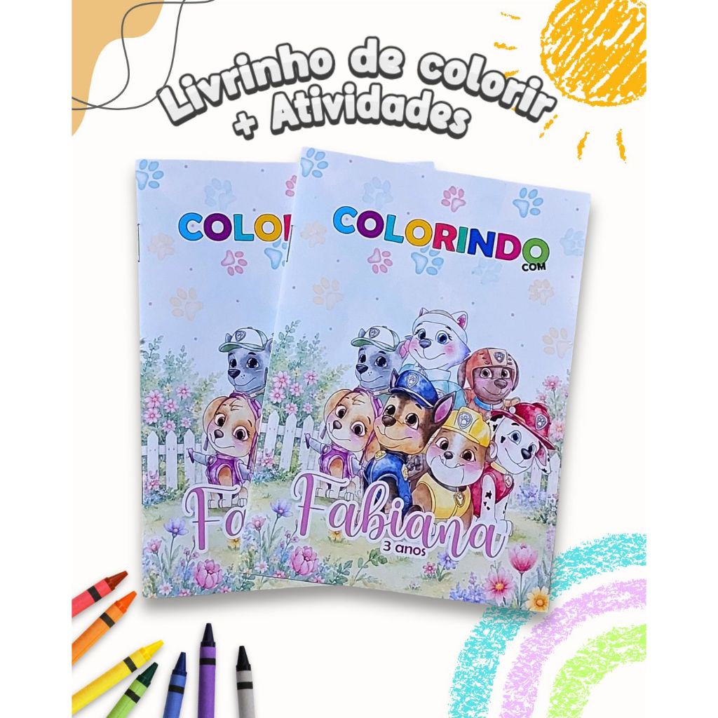 Livrinho de Colorir com Atividades Patrulha Canina Aquarelado Personalizado Lembrancinha de Aniversário Infantil