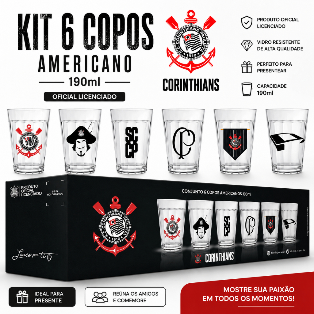 Kit 6 Copos Americanos de Cerveja Corinthians 190ml Oficial Allmix Licenciado Bebidas