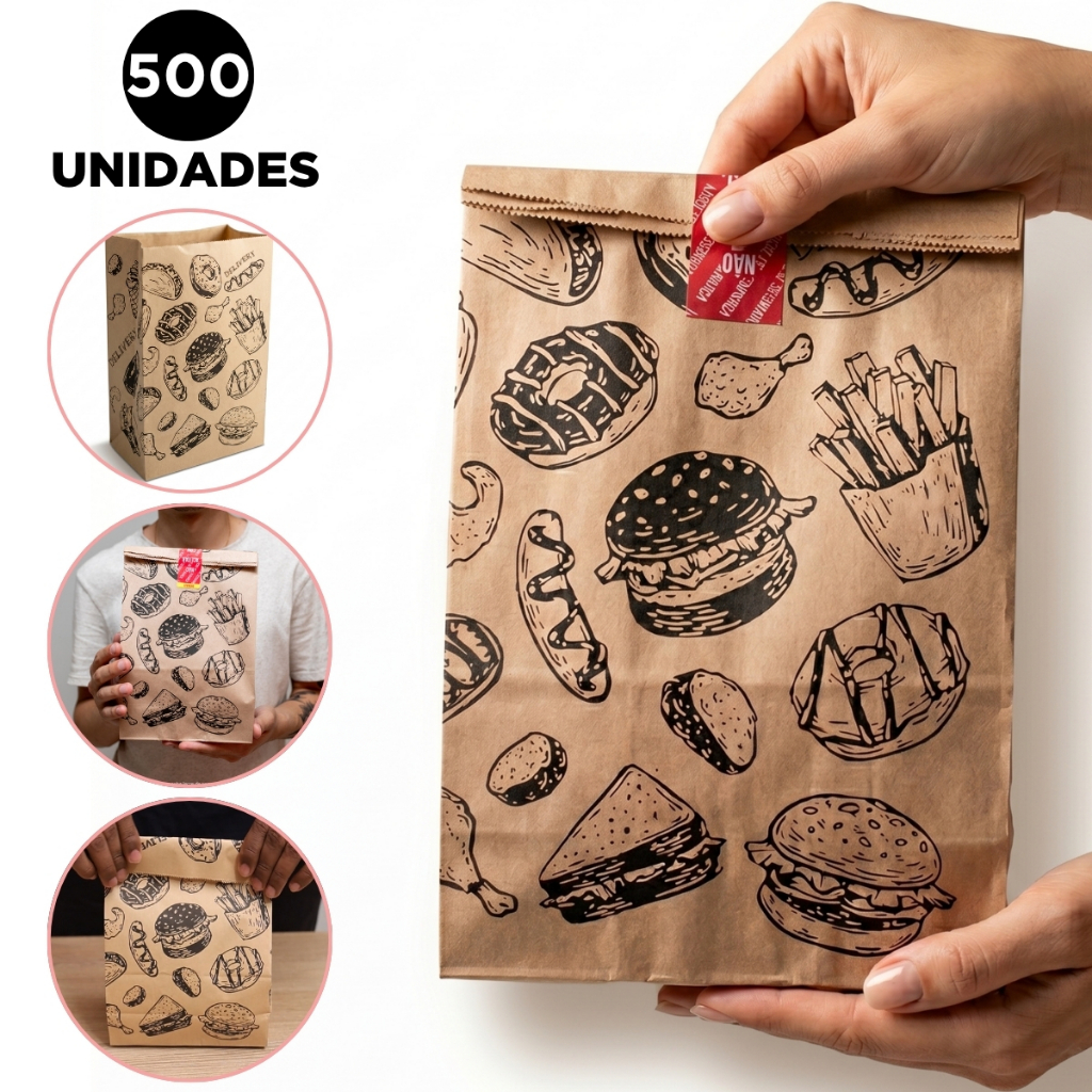 500 Sacos de Papel Kraft 27 x 18 x 9,5 cm Tamanho P Delivery Lanches Comida Entrega Hamburgueria