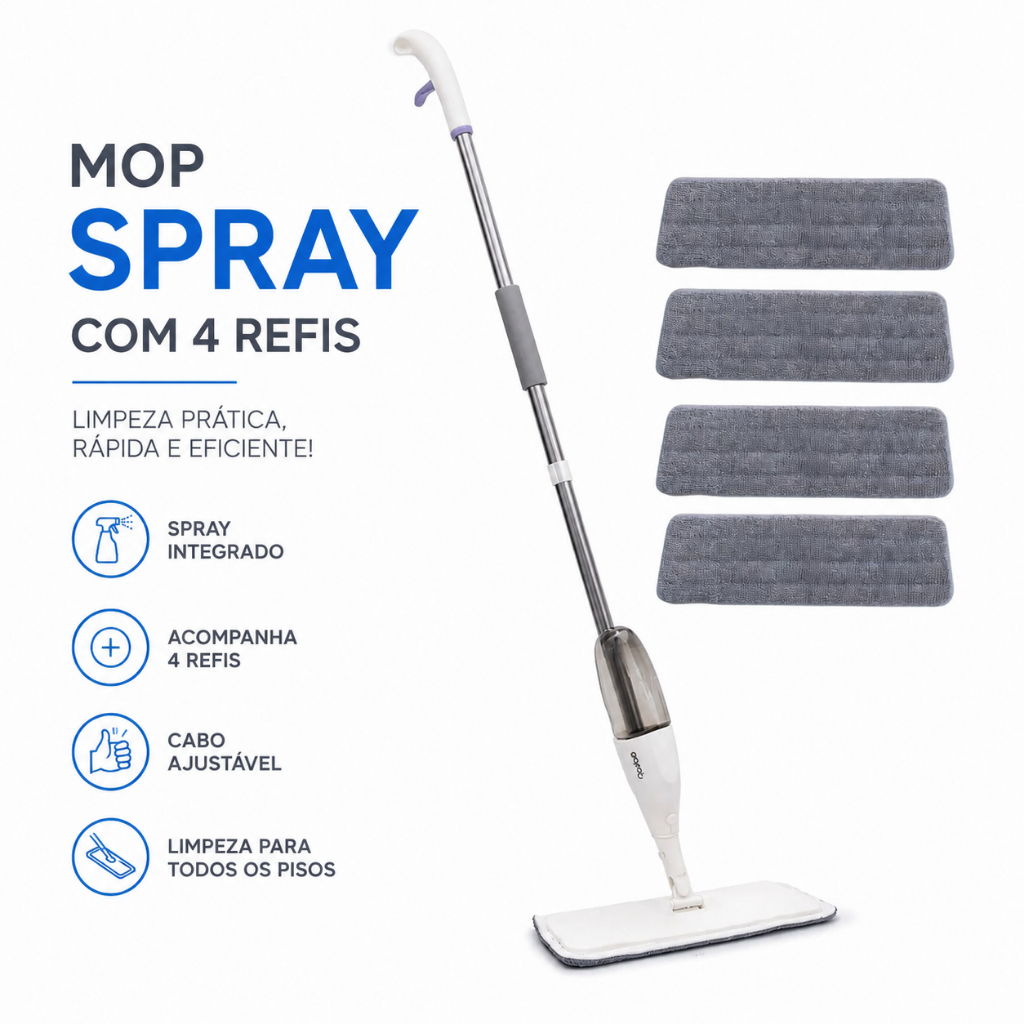 Mop Spray Giratório Limpeza Flash Mágico Rodo Esfregão Com Reservatório + 4 Refil Extra