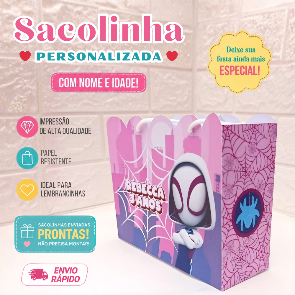 Sacolinha Personalizada | Lembrancinha Aniversário Luxo | Festa Infantil | Aranha Fantasma | Gwen