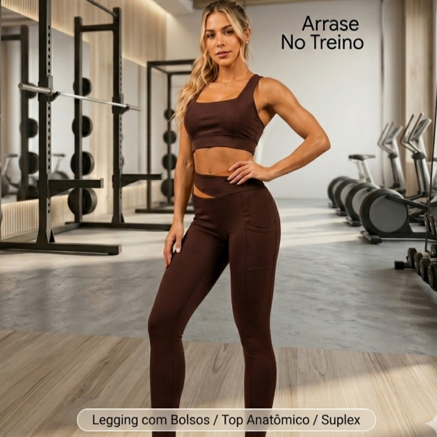 Roupa Academia Conjunto Feminino Top Calça Legging Bolso  Fitness M G GG Treino Yoga Pilates Corrida