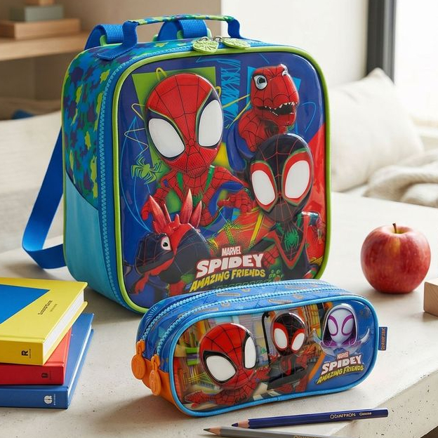 Kit Conjunto Escolar Infantil Menino Spider Man Spidey Lancheira Bolsa Térmica + Estojo Penal Duplo