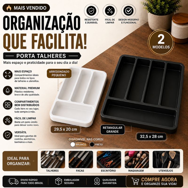 Porta Talheres Organizador Gaveta Cozinha Plástico Preto Branco Grande Pequeno Divisórias