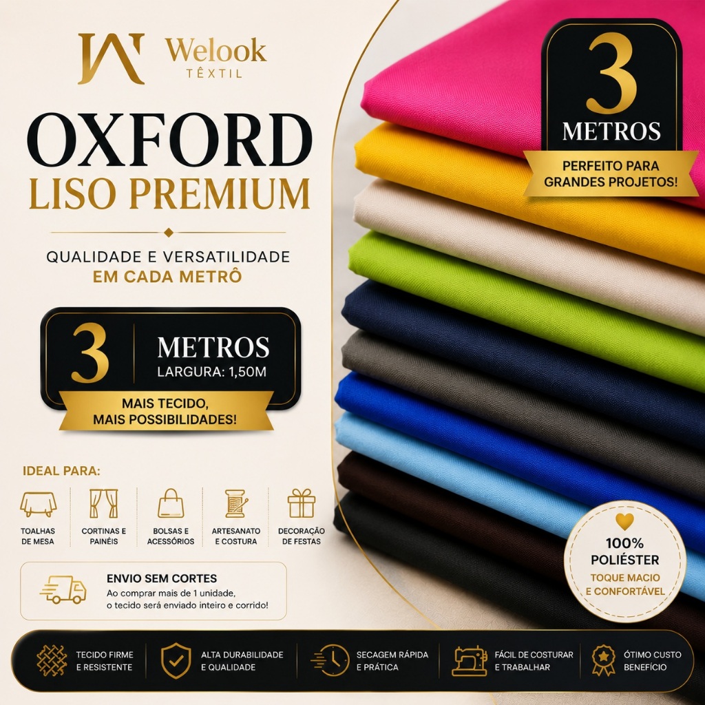3 Metros Tecido Oxford Liso Premium 1,50m Largura - Resistente Para Costura Decoração E Artesanato
