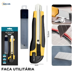 Kit Estilete 18mm para Escritório e Casa com 3 Lâminas Reservas Reforçado Luatek LWJ-157